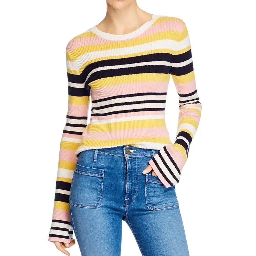 FRAME Denim Baja Citrine Stripe Sweater Cashmere Ribbed Knit Flare Sleeves Small